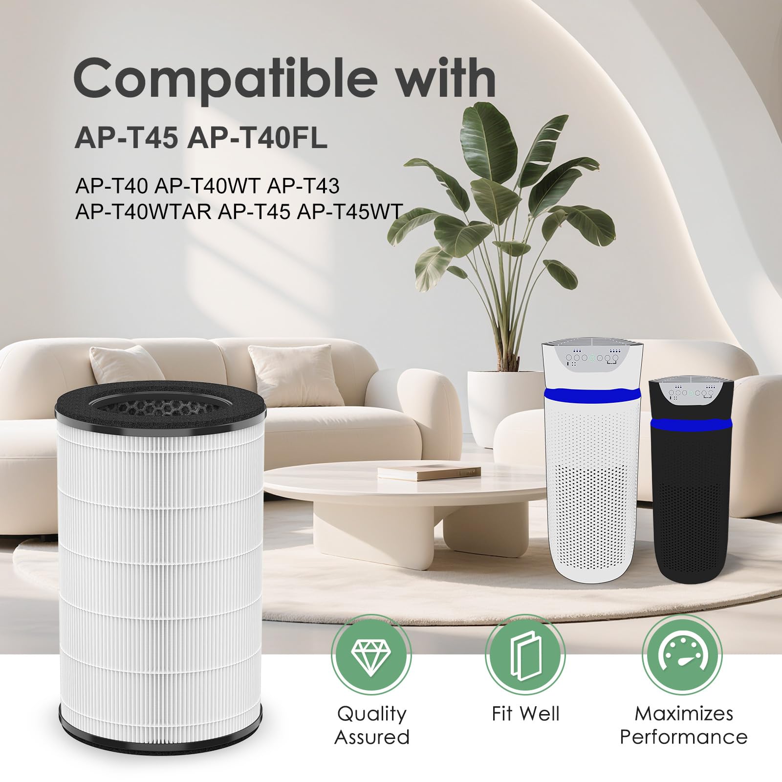 HSIAMEN AP-T45 AP-T40FL replacement filter side view shows compact fit