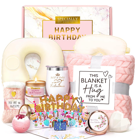 HSOEIXL birthday gift basket with blanket—cozy luxury for her