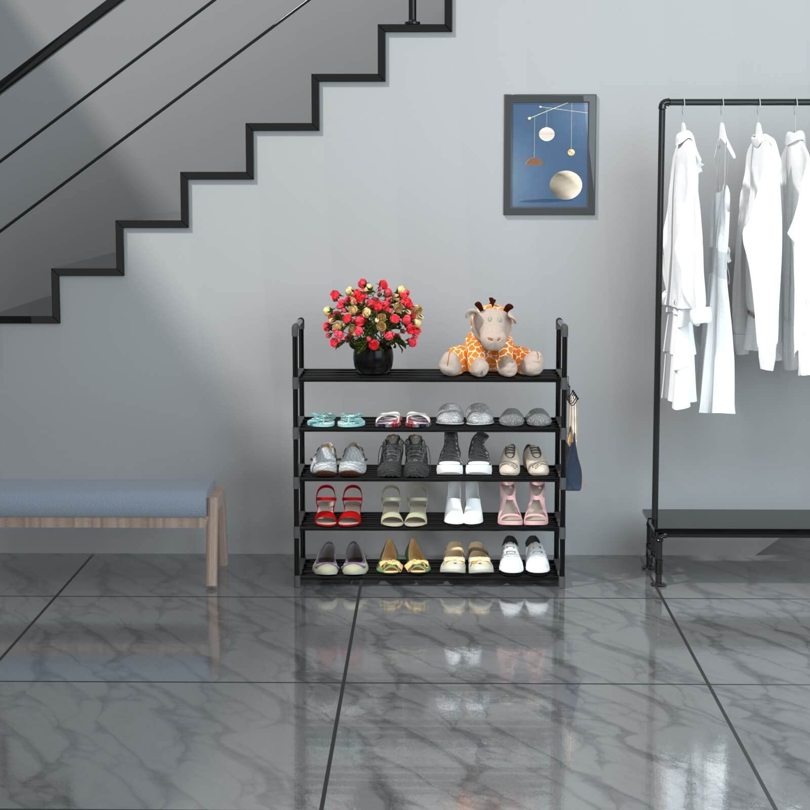 Hsscblet 5-tier metal shoe rack with removable shelf for boots