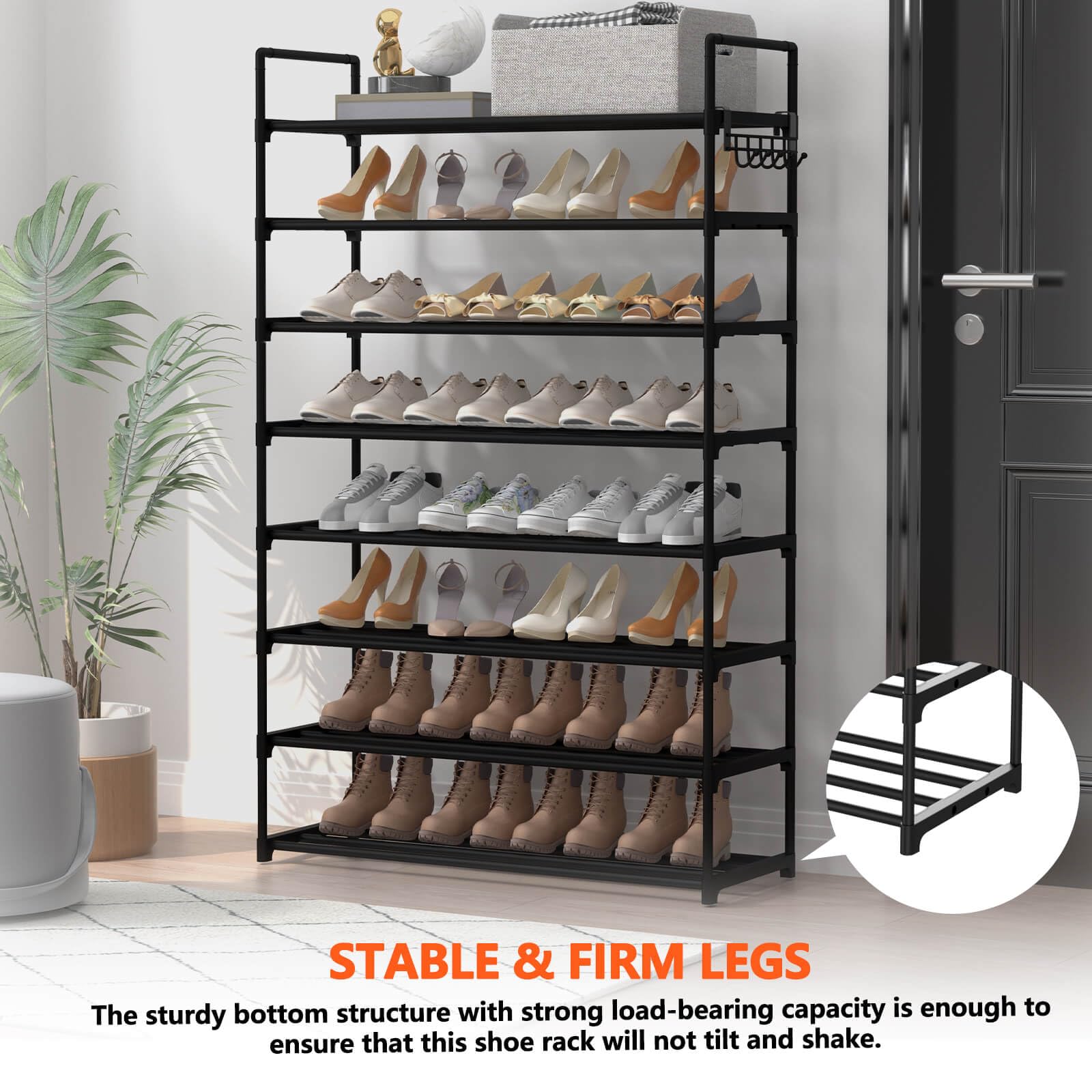 Hsscblet shoe rack side view with hooks for accessories.