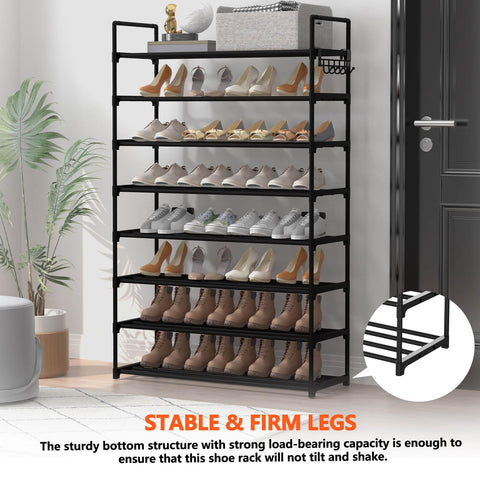 Hsscblet shoe rack side view with hooks for accessories.
