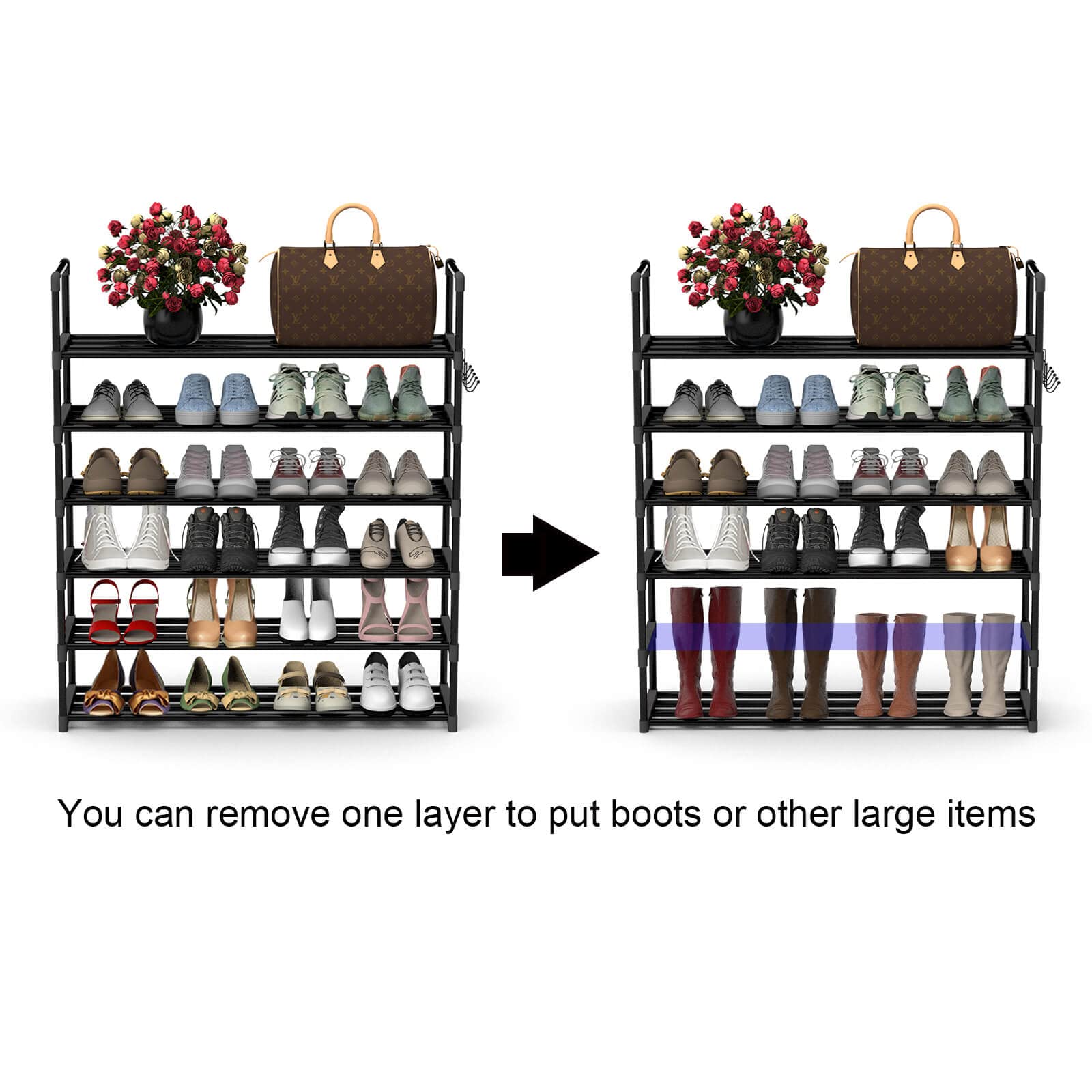 Hsscblet stackable boot storage capable shows flexible stacking for tall footwear.