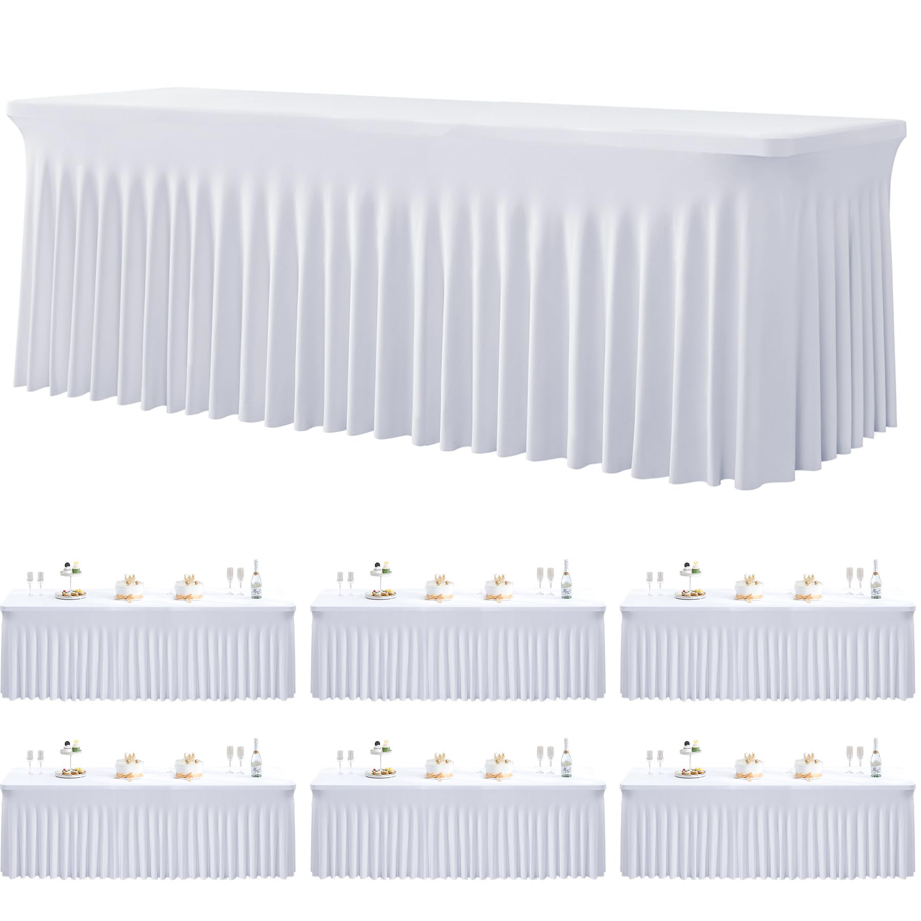 Htper 6-pack spandex white tablecloth on an 8ft table provides a secure fit for parties.