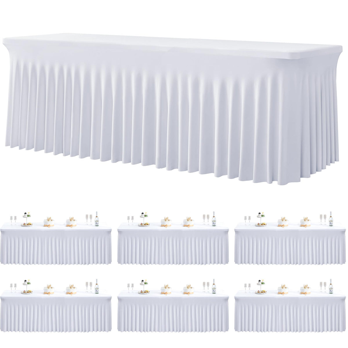 Htper 6-pack spandex white tablecloth on an 8ft table provides a secure fit for parties.