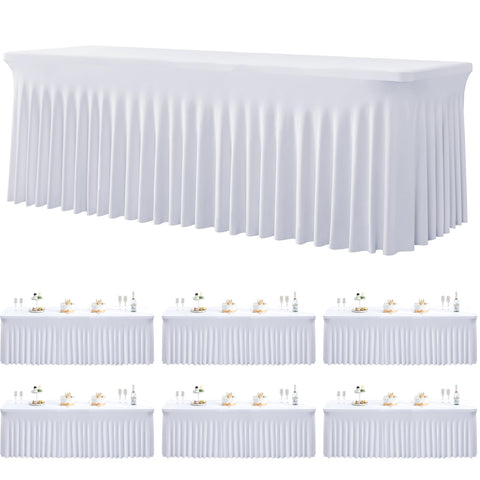Htper 6-pack spandex white tablecloth on an 8ft table provides a secure fit for parties.