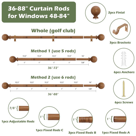 HTZON wood grain curtain rod in a cozy bedroom setup.