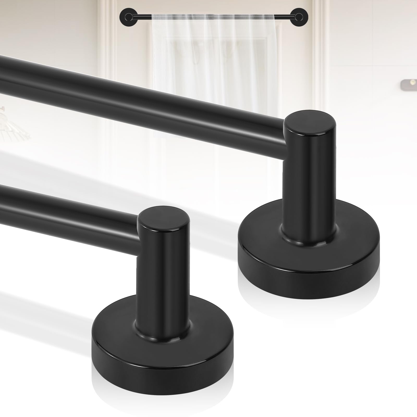HTZON black magnetic curtain rod on door showing secure hold for lightweight items
