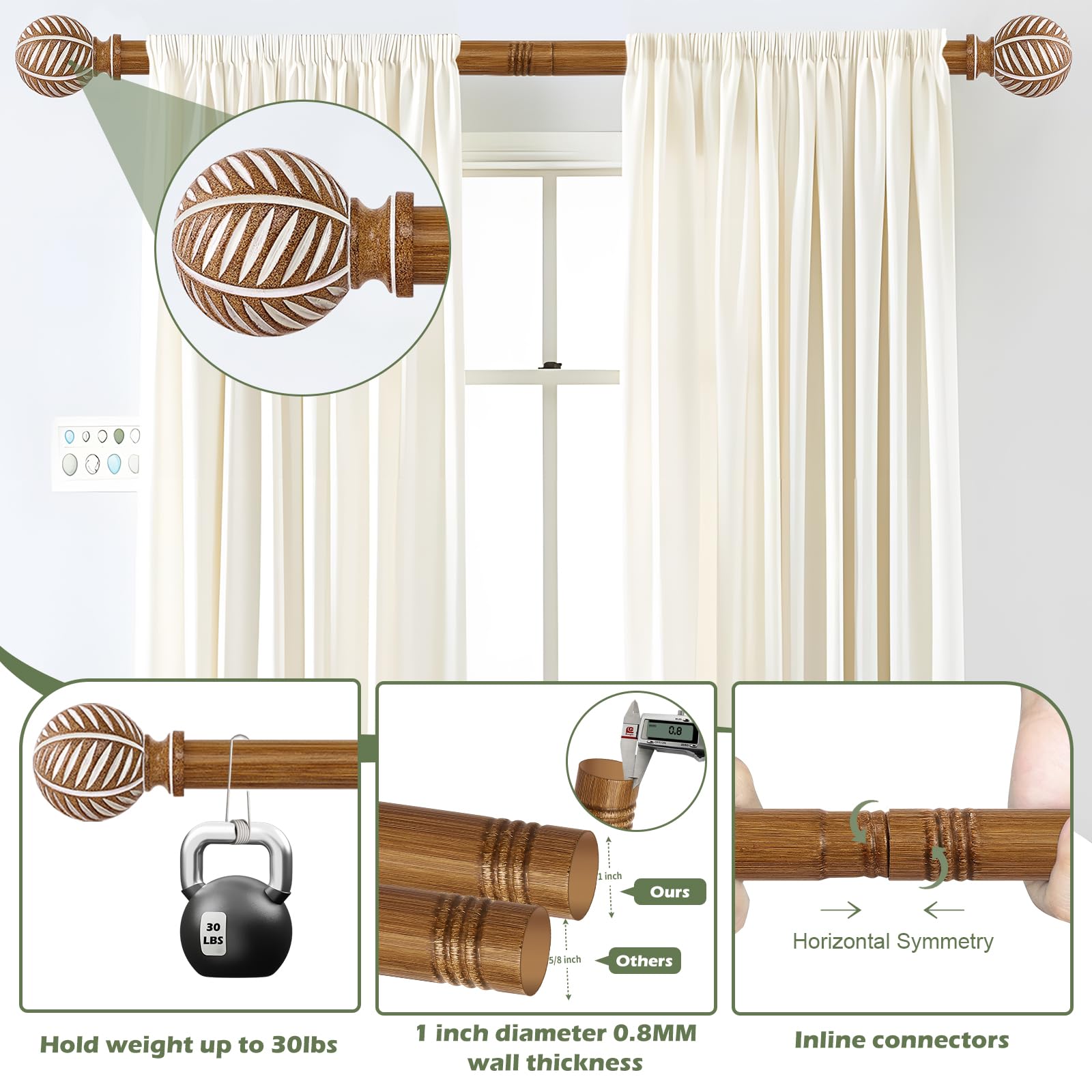 HTZON imitation wood grain finial leaf-ball adds elegant farmhouse charm.