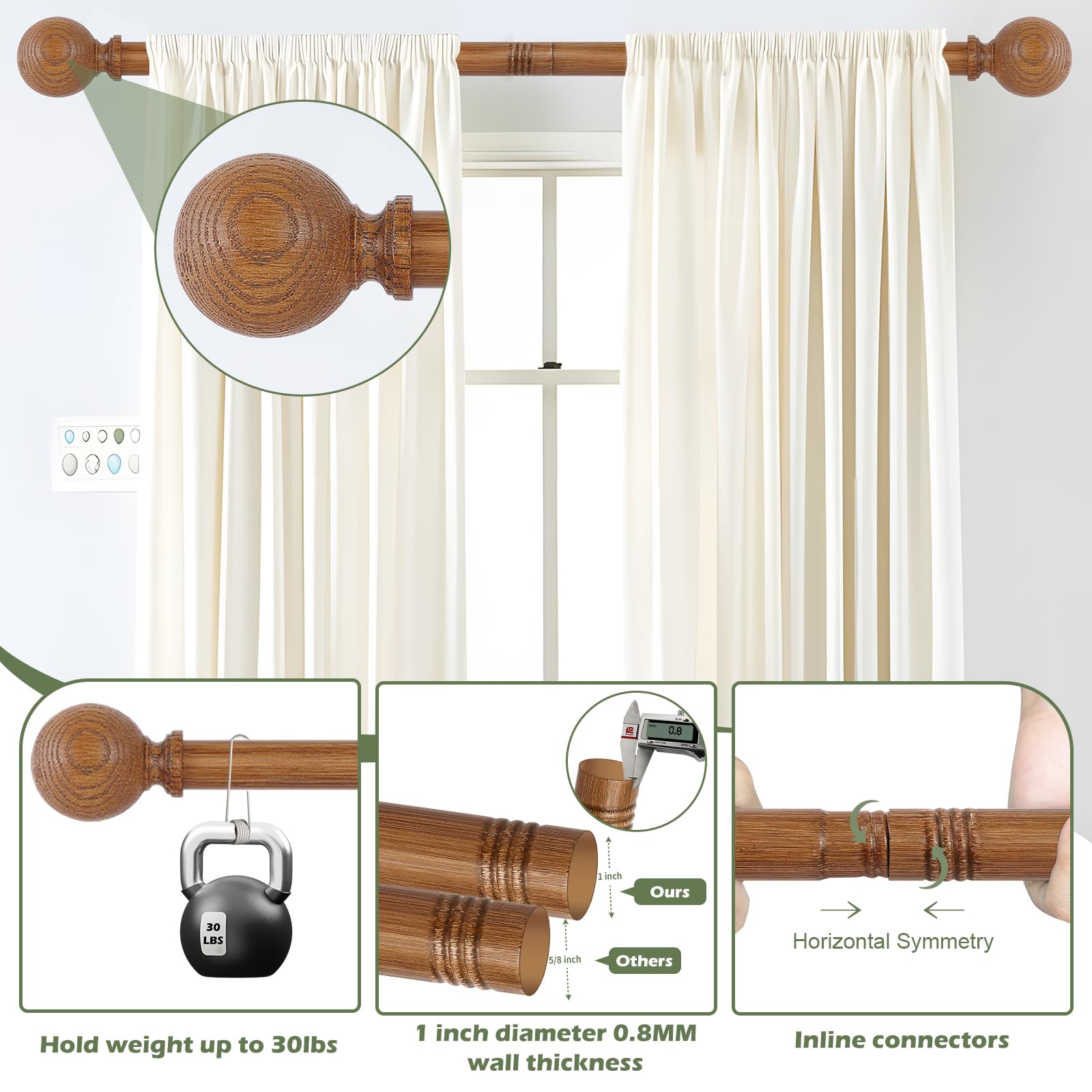 HTZON wood grain ball finial close-up highlights rustic charm.