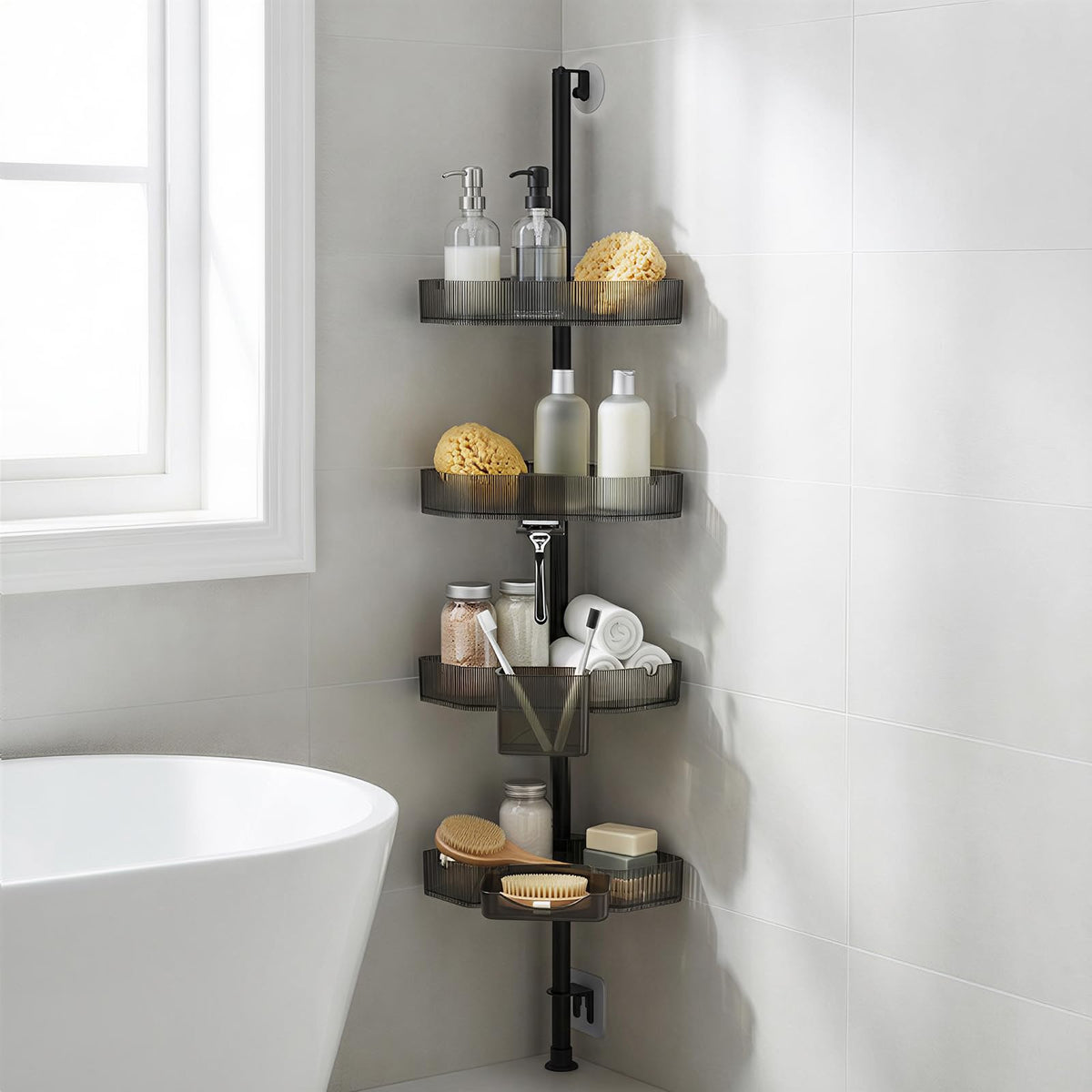 HUADUO-BEAUTY corner shower caddy extendable keeps bottles organized and stable.