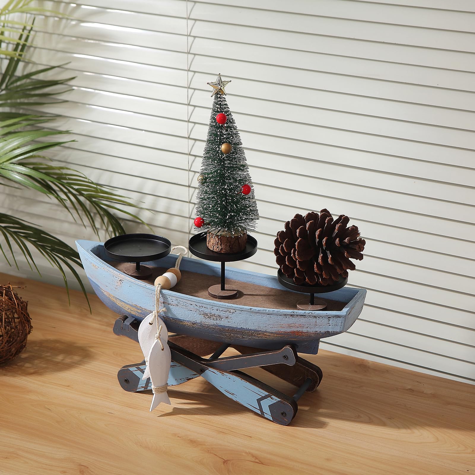 Huajie Wooden Boat Candle Holder with four paddle base for sturdiness.