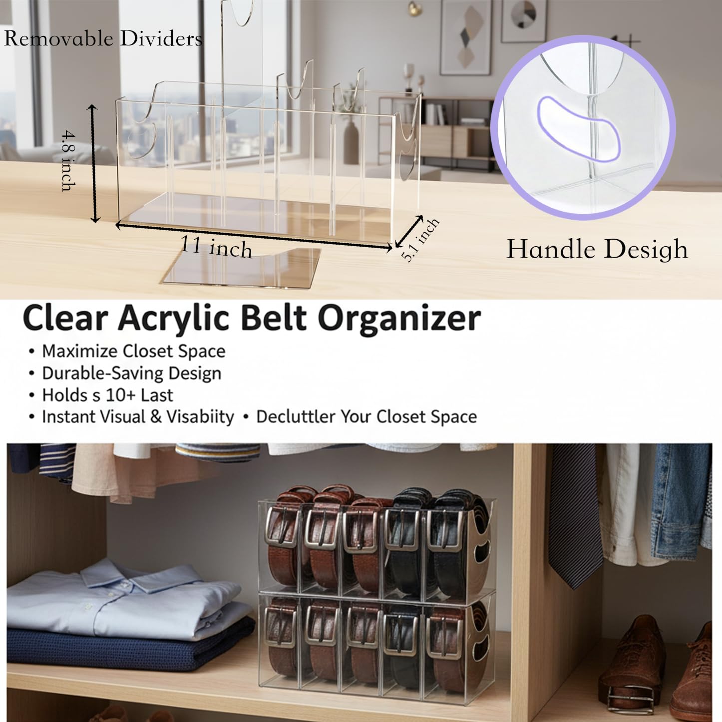 Hualinsyi acrylic belt organizer removable dividers for customizable storage