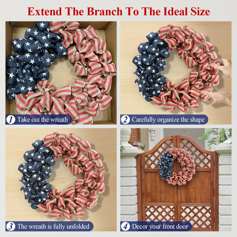Huashen Americana wreath hangs on wall or window for versatile decor.
