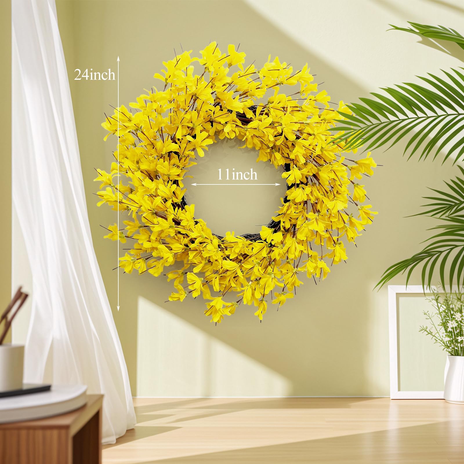 Huashen forsythia wreath on grapevine base for spring indoor or outdoor decor.