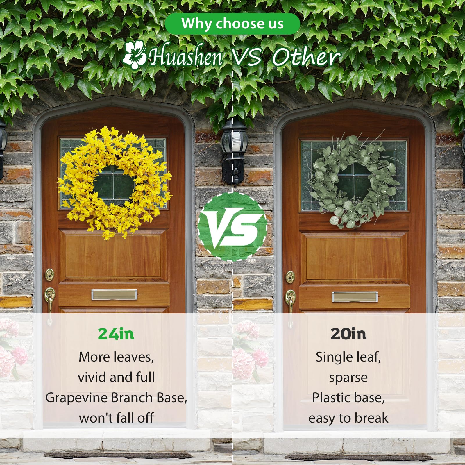 Huashen front door wreath highlights bright forsythia in farmhouse style.