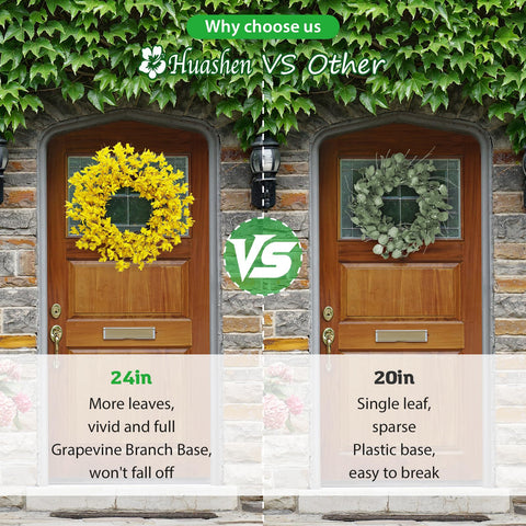 Huashen front door wreath highlights bright forsythia in farmhouse style.