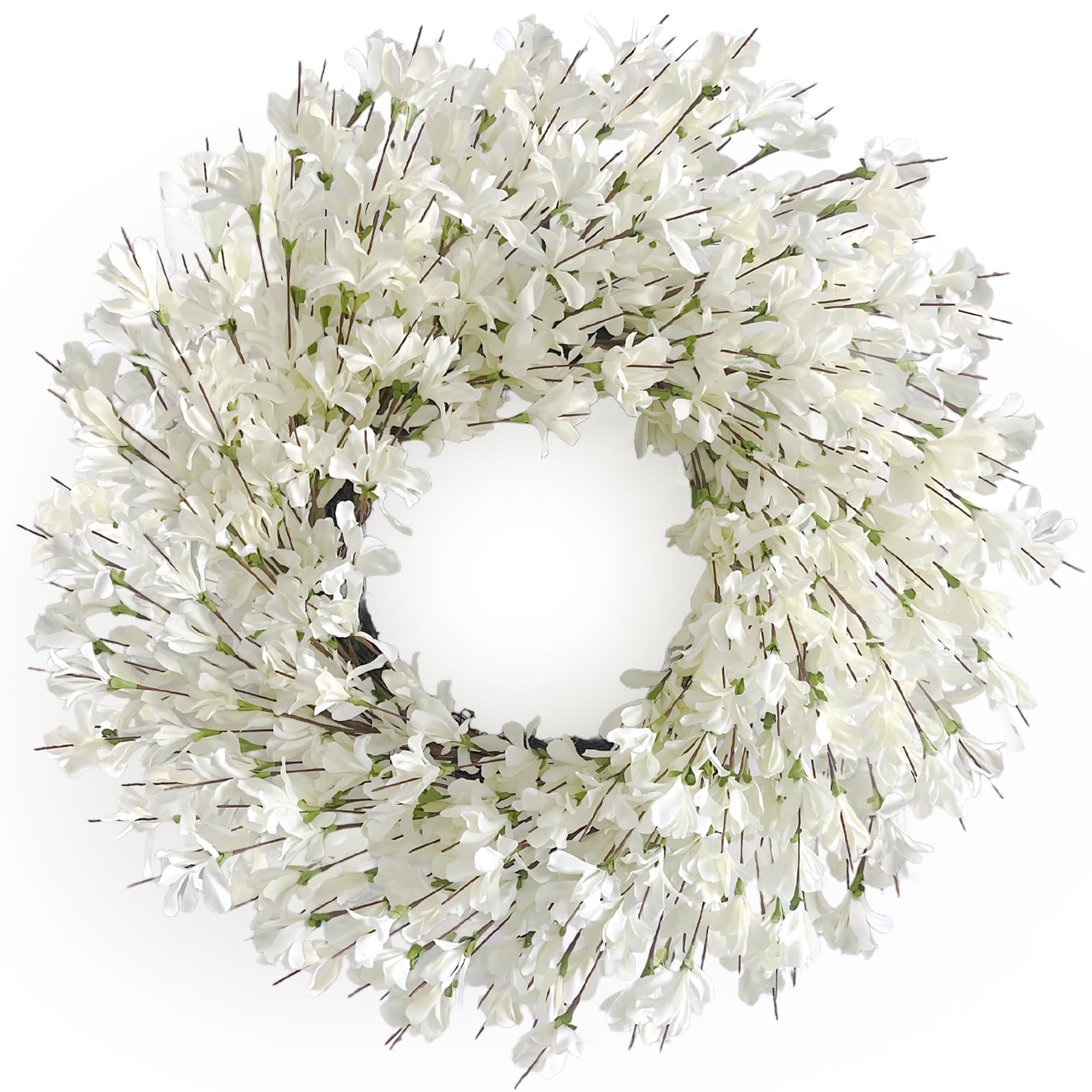 Huashen Spring Wreath front door 24-inch white-cream forsythia blooms boost curb appeal.