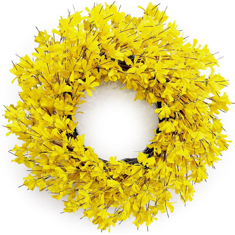 Huashen 24-inch yellow forsythia wreath on front door enhances curb appeal.