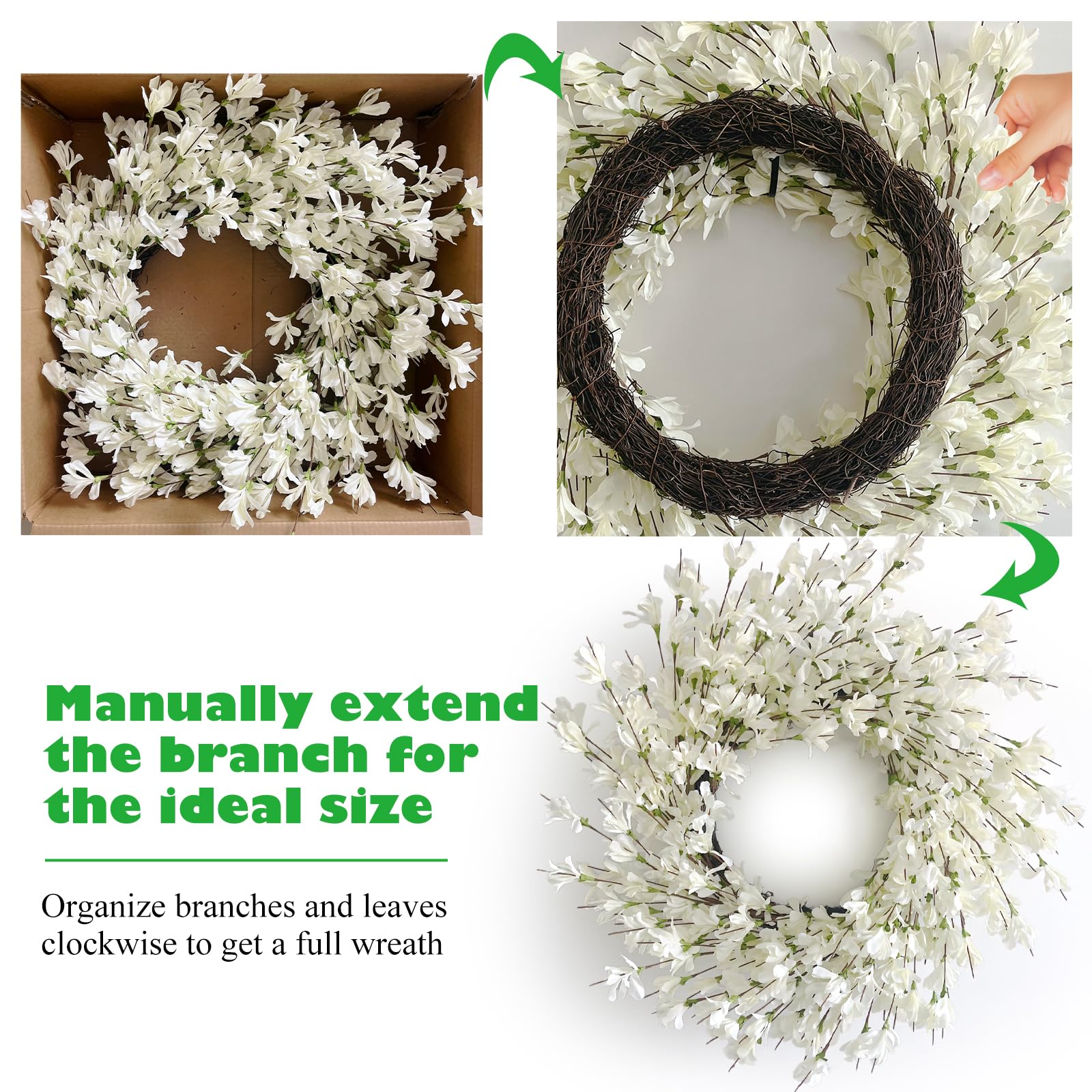 Huashen Wreath measures 24x24x5 inches and is adjustable for a perfect fit.