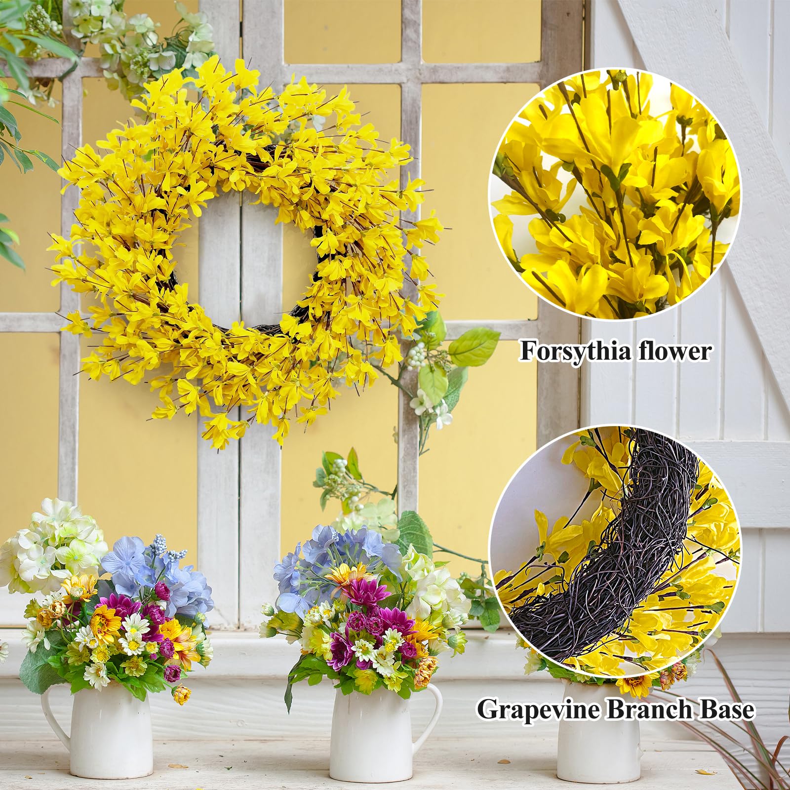 Huashen yellow forsythia wreath suitable for entryways and windows.