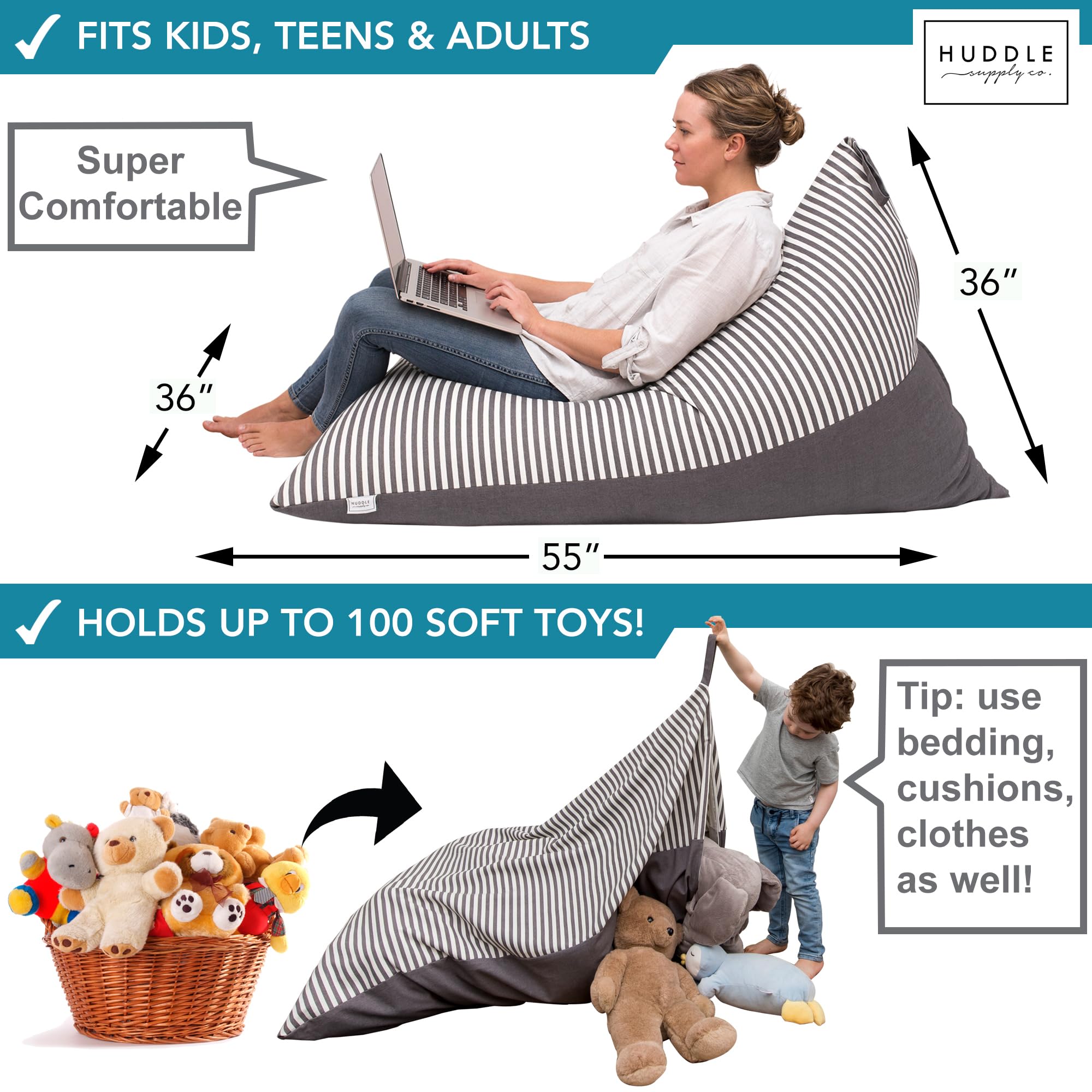 Huddle Stuffie Seat gray canvas finish reflects versatile home decor.