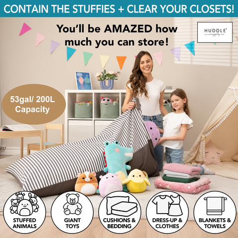 Huddle Stuffie Seat open with toys shows roomy interior for stuffed animals.