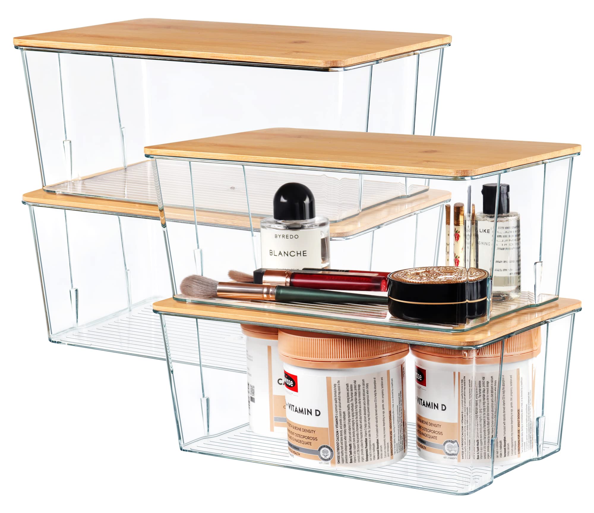 Hudgan 4-pack clear storage bins with bamboo lids for visible, organized storage.