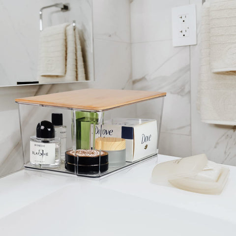 Hudgan bamboo lids on clear bins provide dust protection and a stylish touch.