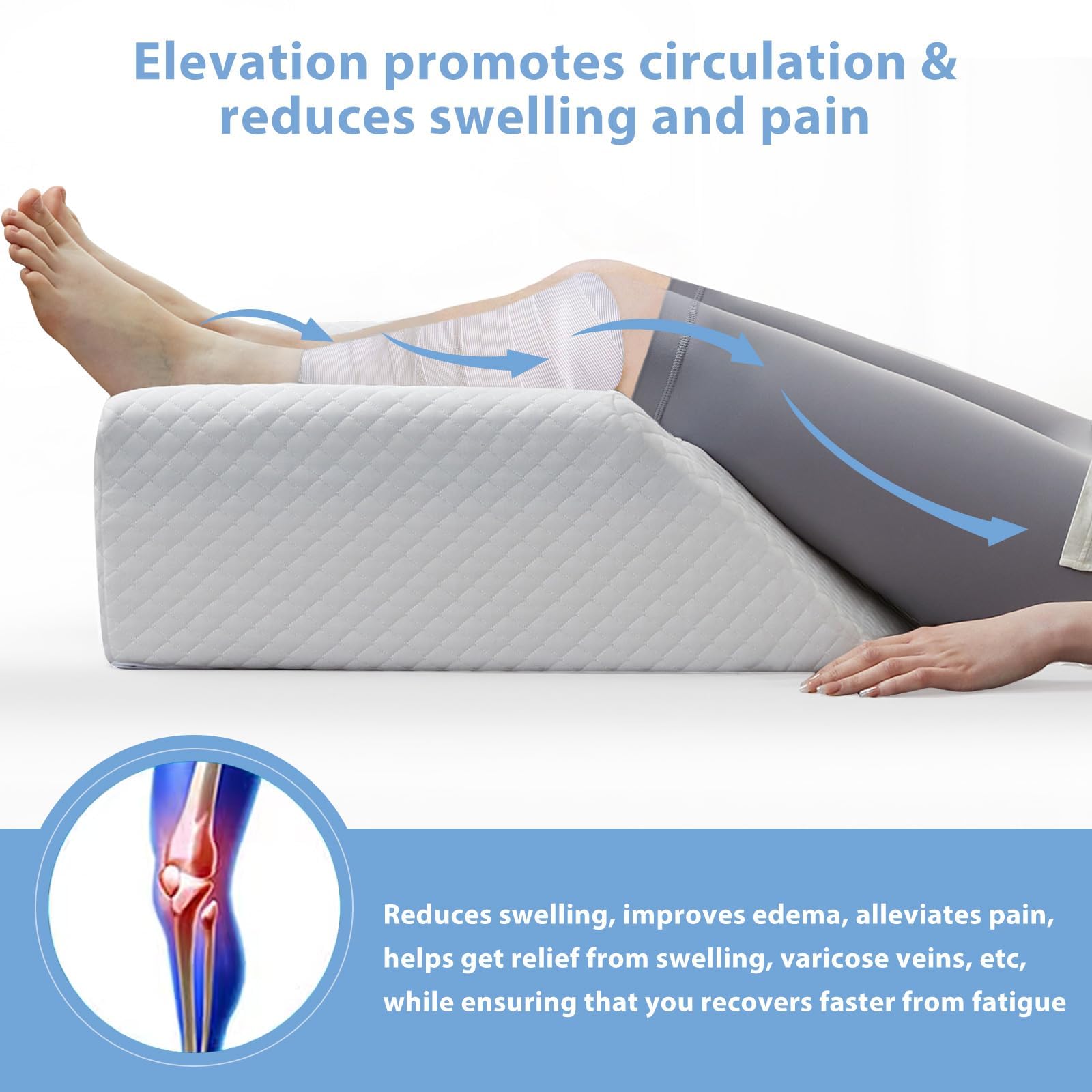 HUEIFY leg elevation pillow showing 45-degree ergonomic angle for leg alignment