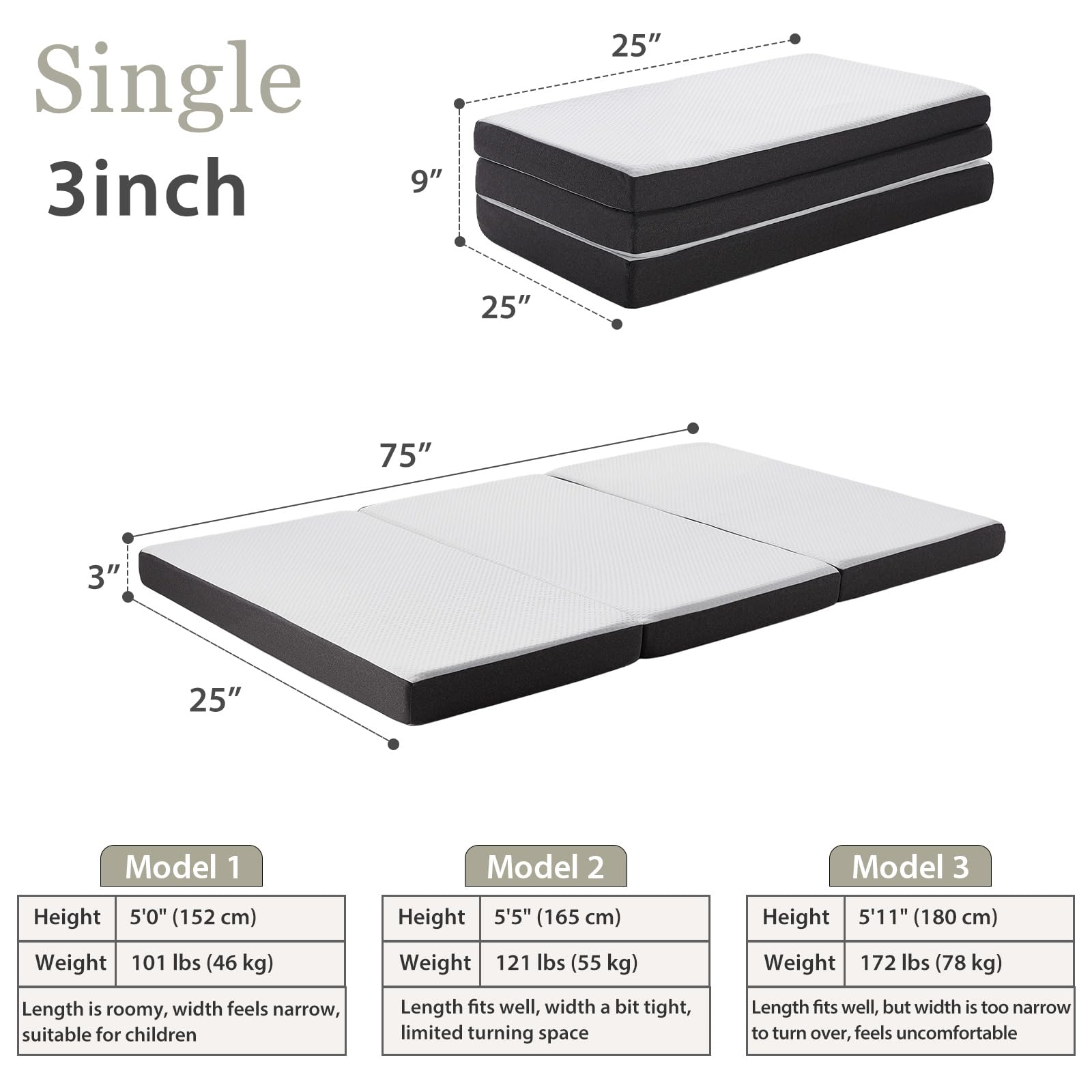 HUEIFY tri-fold memory foam mattress 75x25x3 inches, portable guest bed.