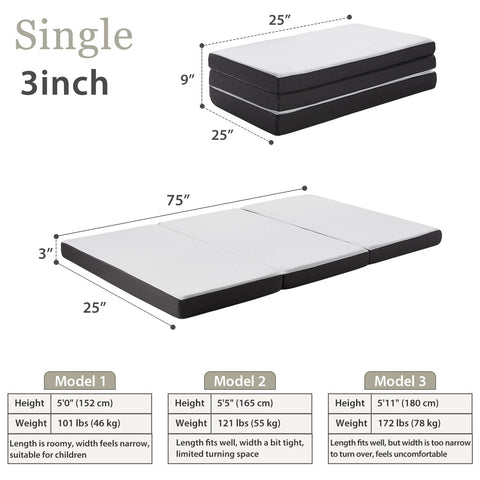 HUEIFY tri-fold memory foam mattress 75x25x3 inches, portable guest bed.
