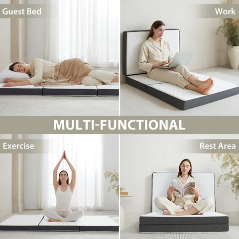 HUEIFY tri-fold mattress folded compact for storage in car or closet.