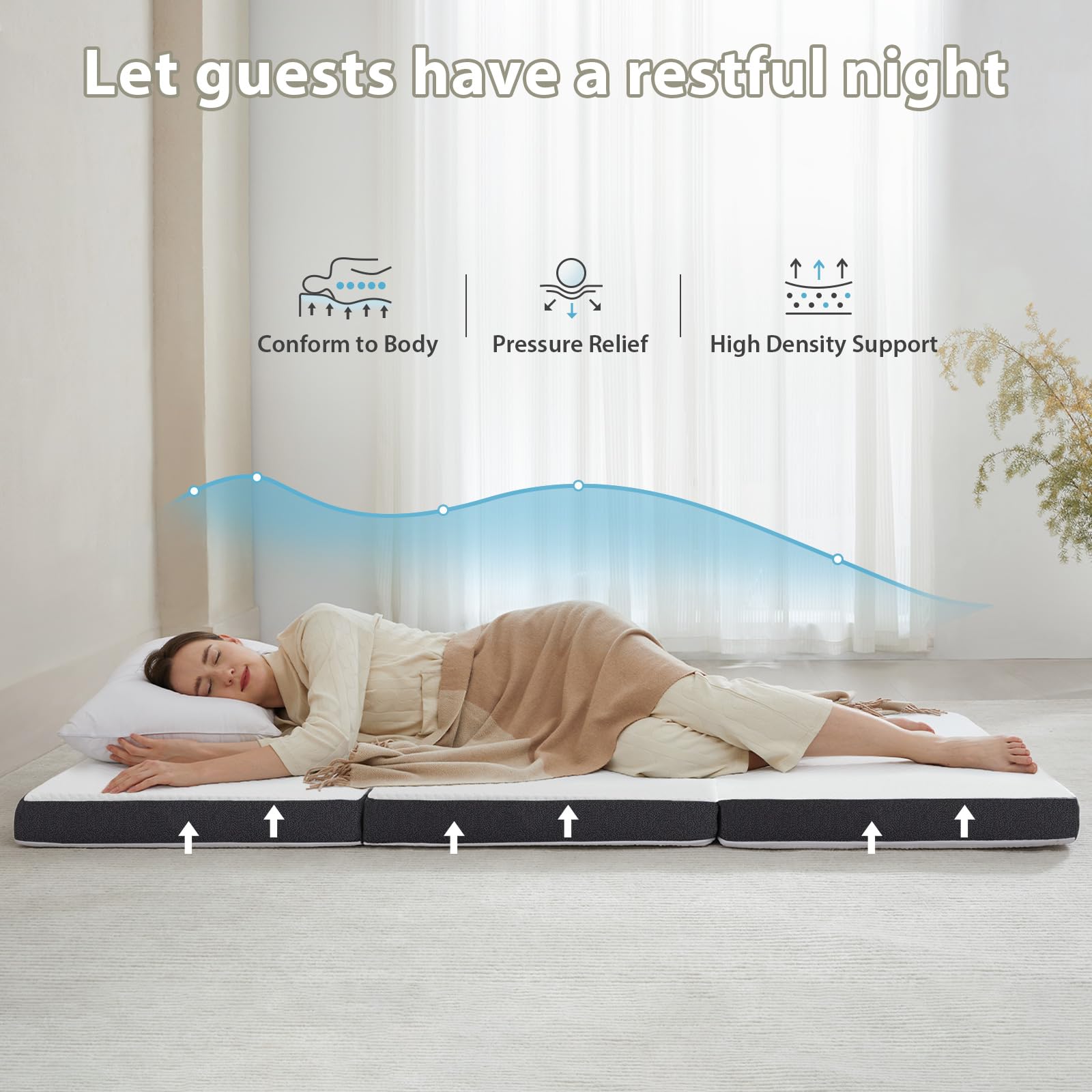 HUEIFY memory foam mattress folds for portable floor sleeping on the go.