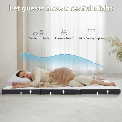HUEIFY memory foam mattress folds for portable floor sleeping on the go.