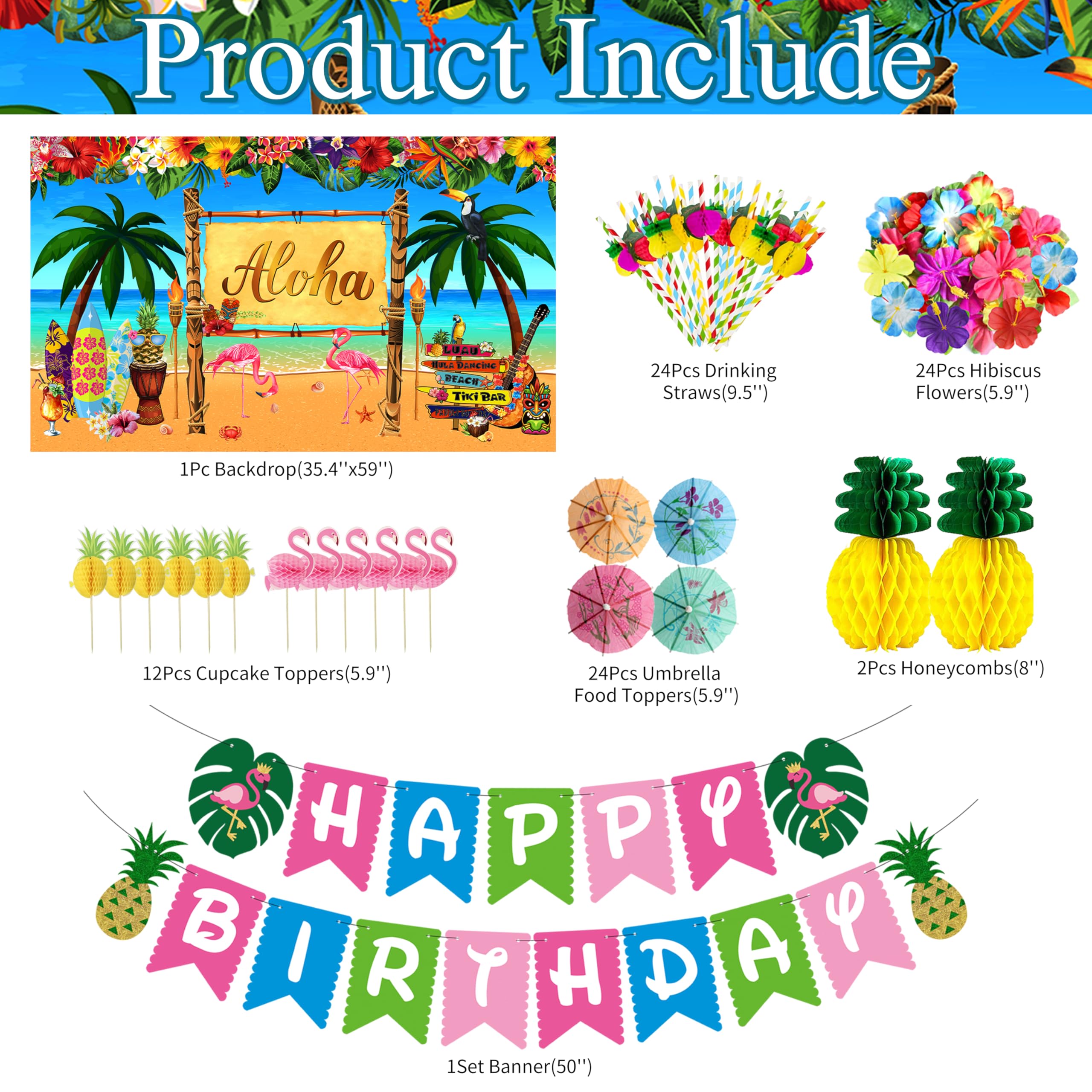 HUFAND Aloha banner highlights the birthday theme with vibrant colors