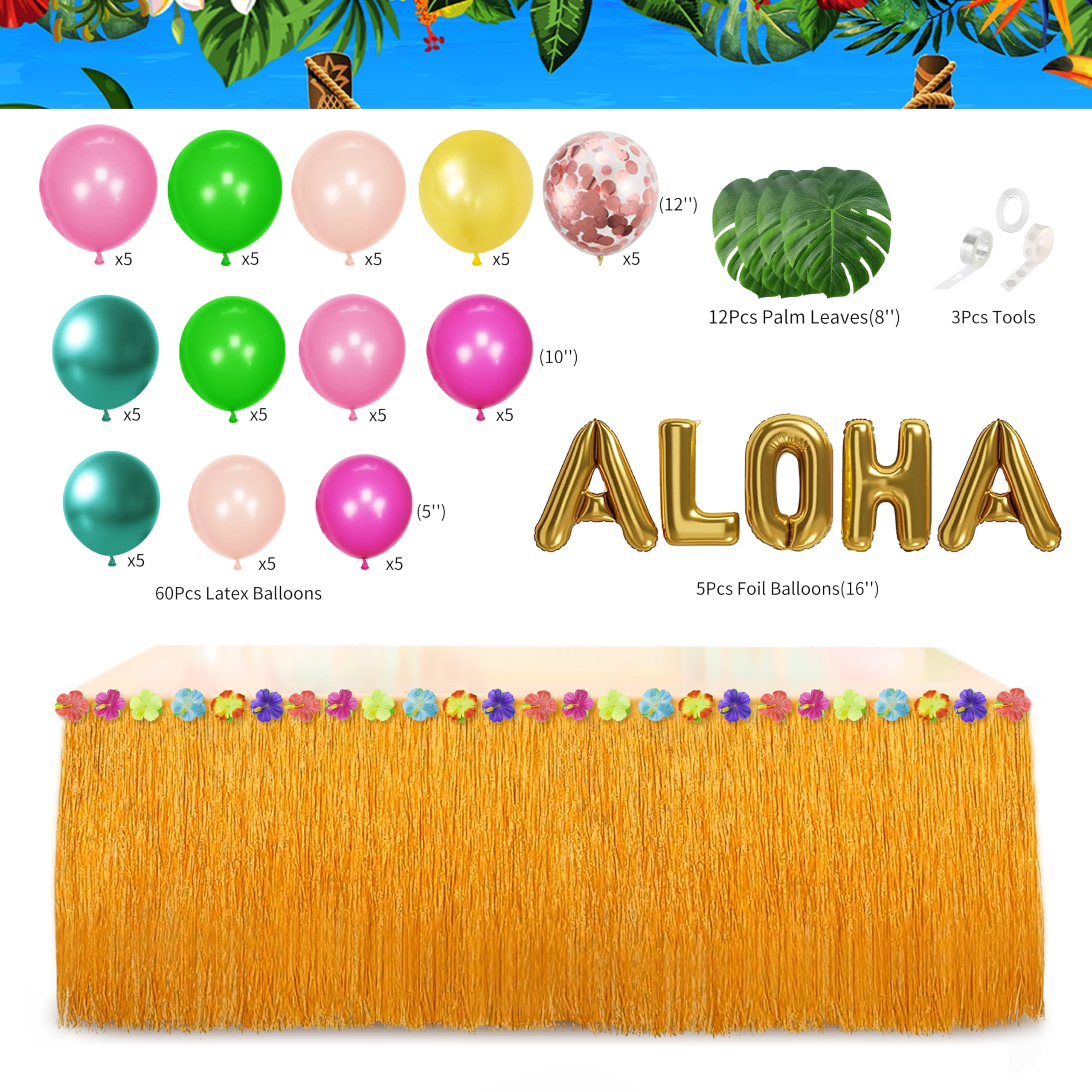 HUFAND Grass table skirt creates a festive tropical tabletop setting