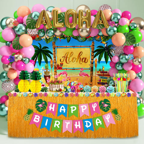 HUFAND Luau balloon arch backdrop enhances tropical party ambiance