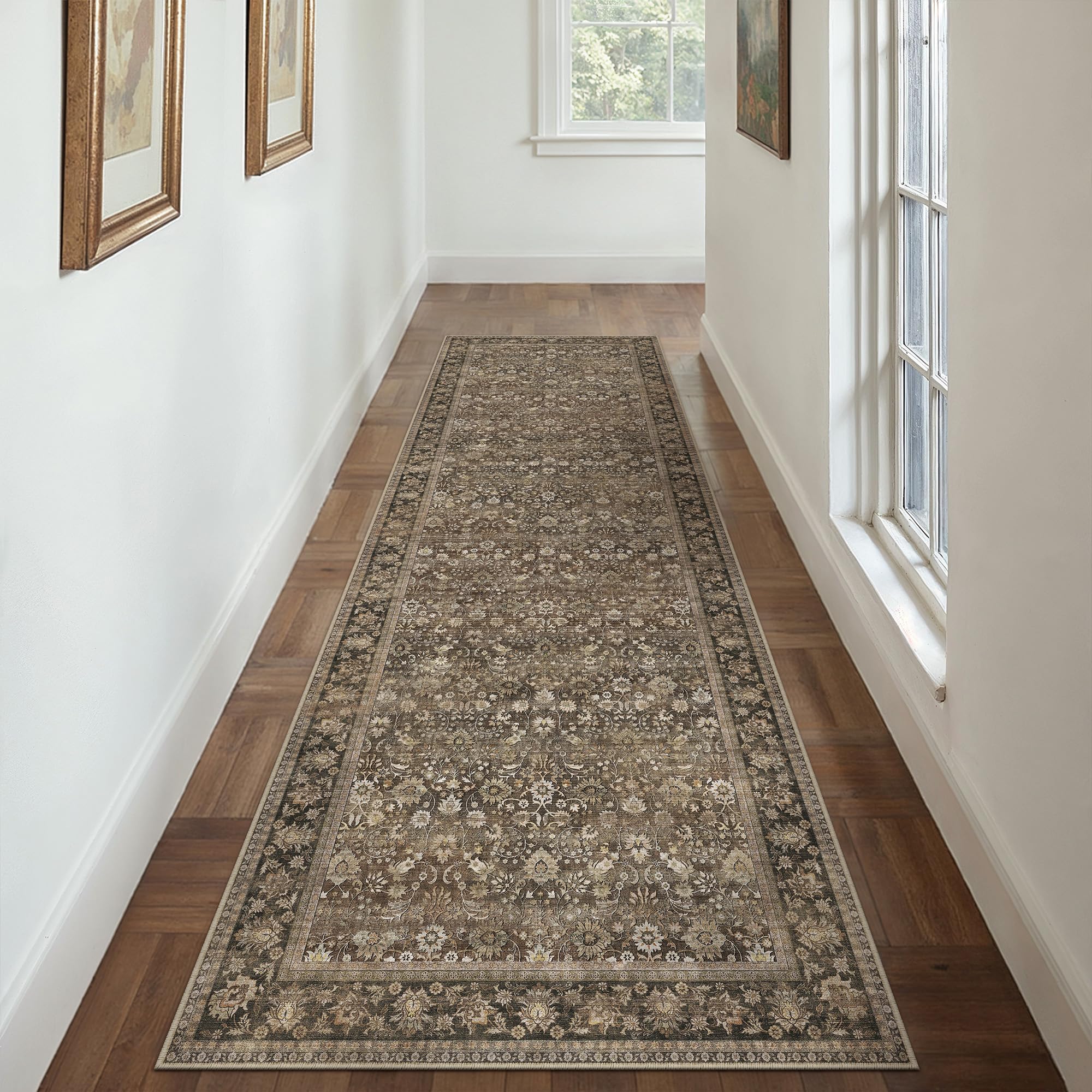 HUGEAR 3x10 runner rug with brown floral pattern adds stylish warmth to hallways.