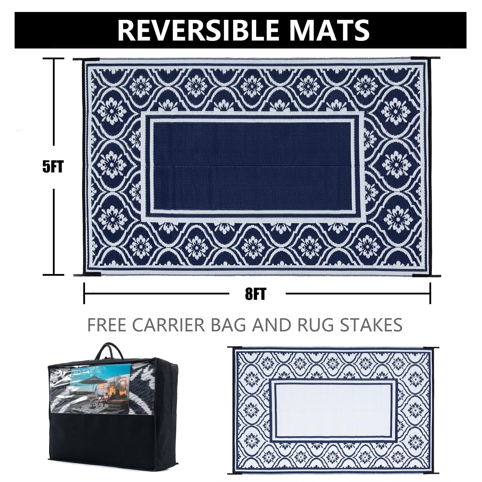 HUGEAR reversible outdoor blue rug for versatile indoor and outdoor use.