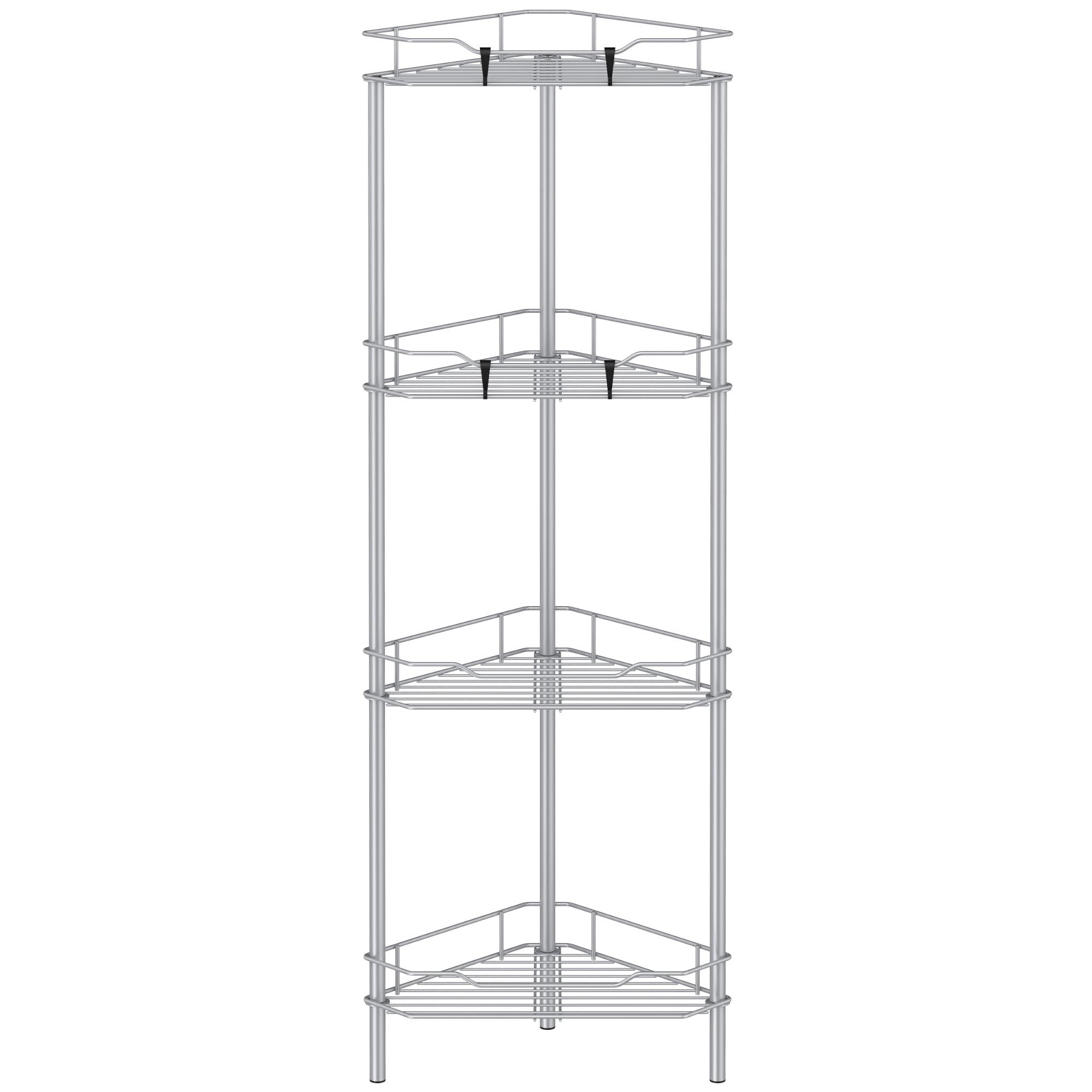 HuggieGems 4-tier corner shower caddy in silver, front view for organized bathroom storage.