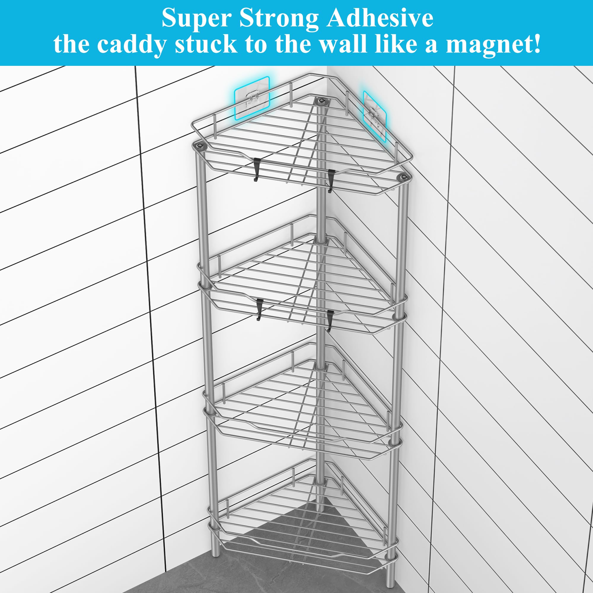 HuggieGems shower caddy side profile emphasizes sturdy base for stable corner placement.