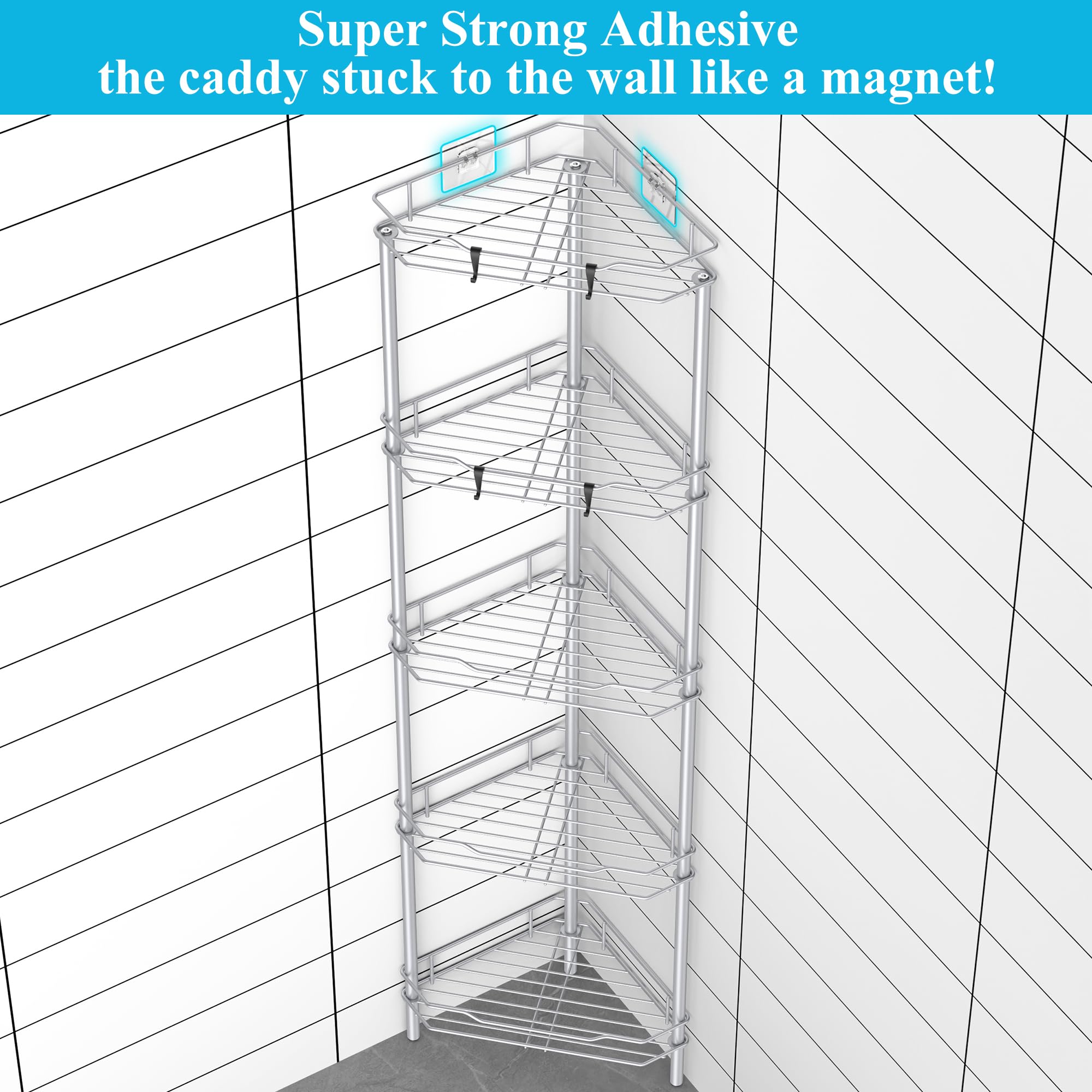 HuggieGems 5-tier corner shower caddy silver side view showing vertical storage capacity.