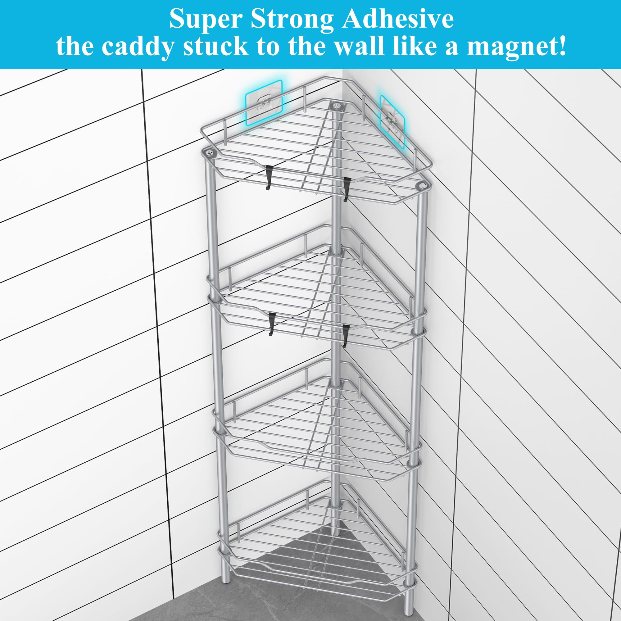 HuggieGems bathroom shelf stand, side angle shows stable floor-standing design and easy reach hooks.