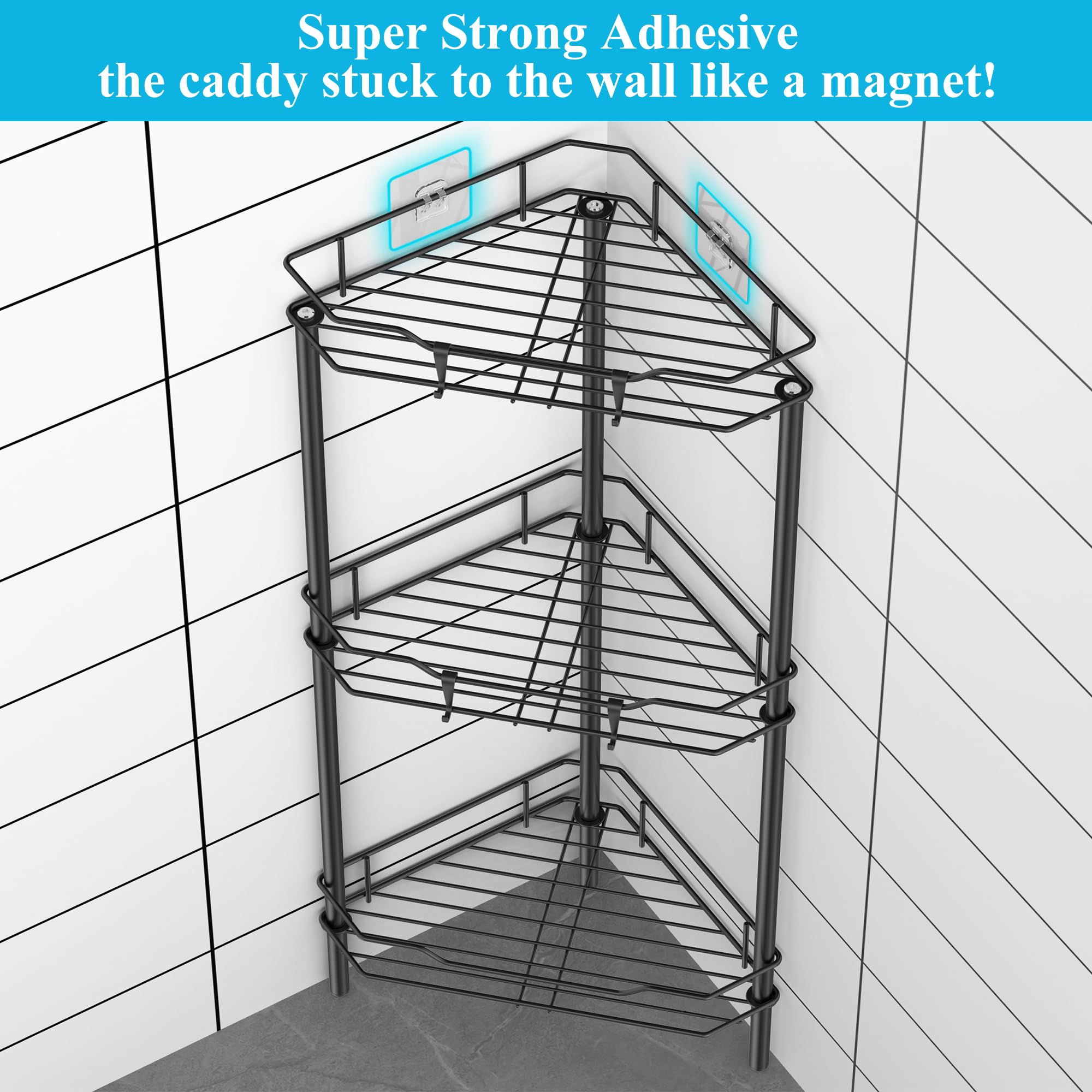 Close-up of rustproof black finish on HuggieGems standing shower caddy.