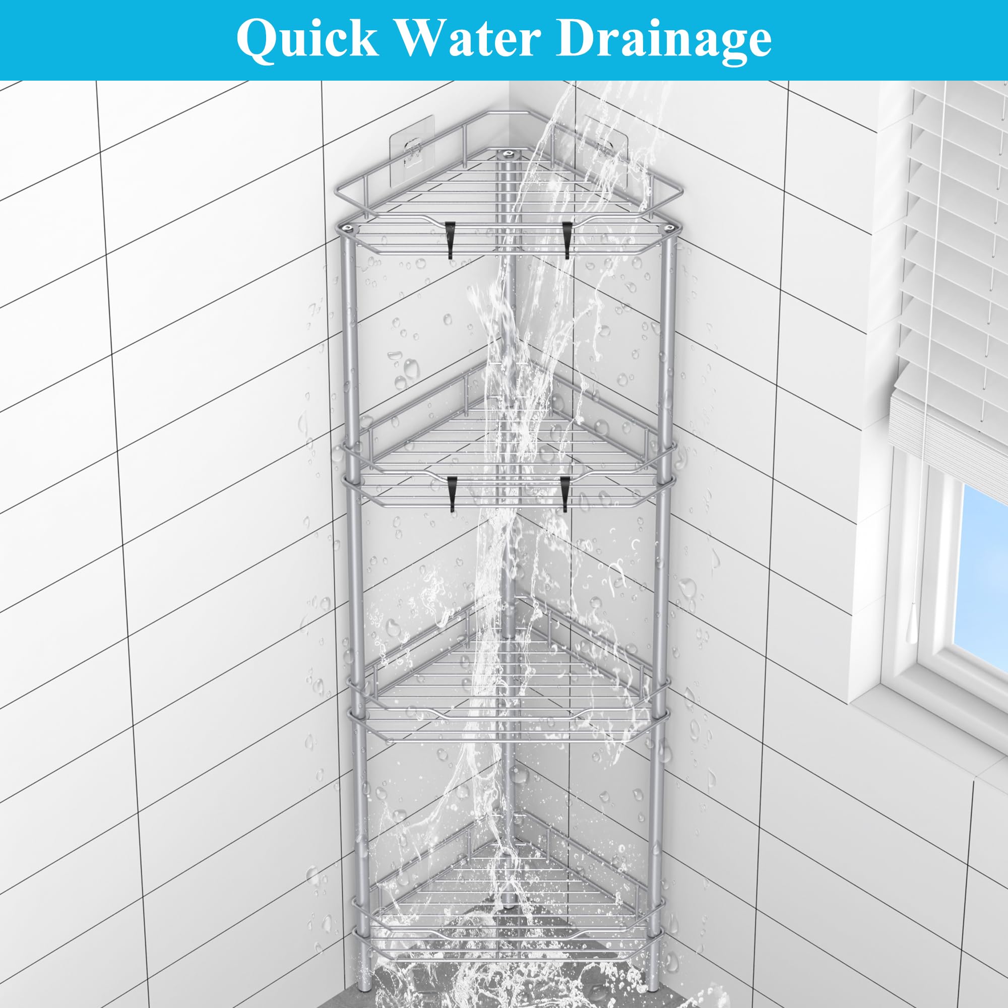 HuggieGems drain-easy shelves prevent water pooling after showers.