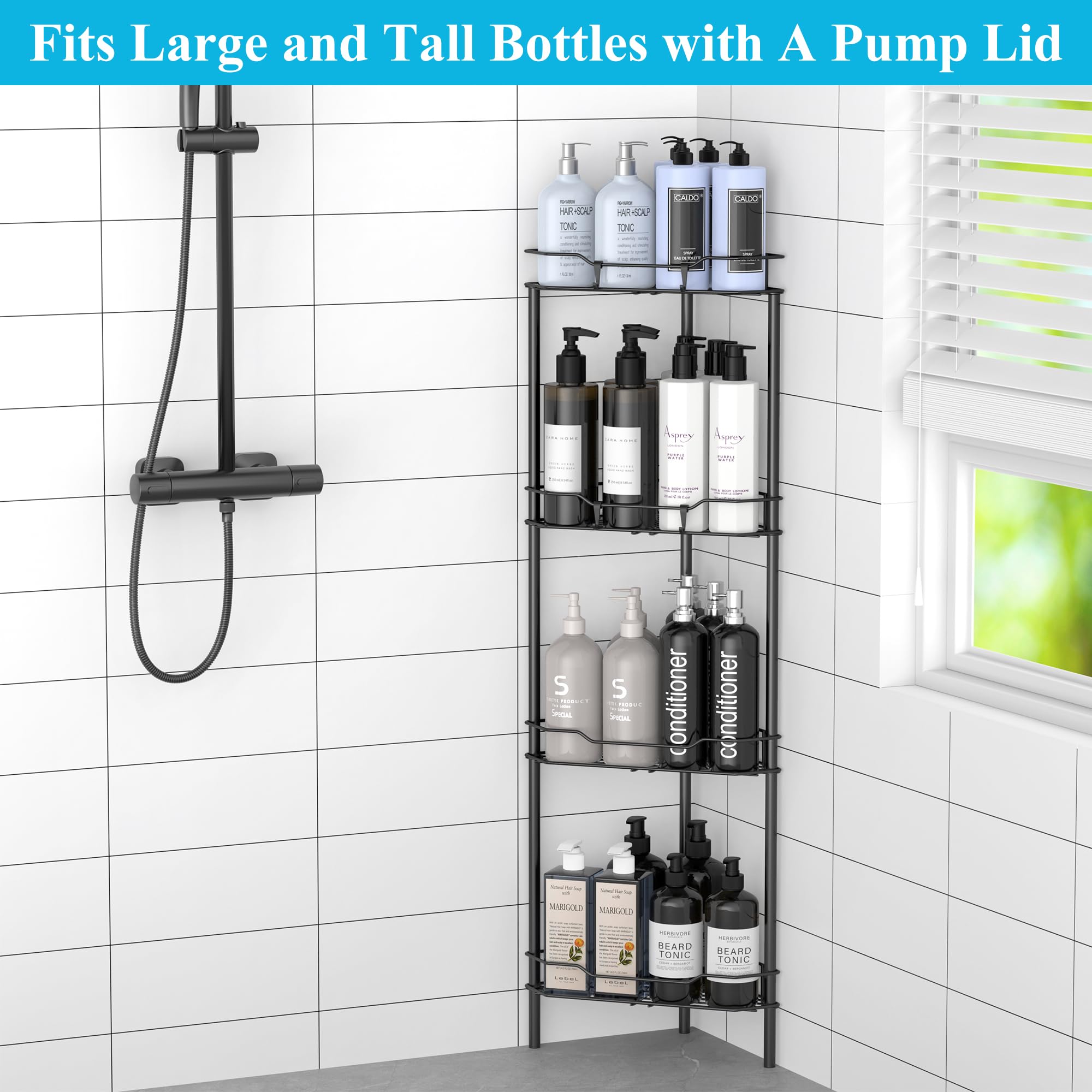 HuggieGems floor-standing bathroom caddy provides stable storage in small spaces.