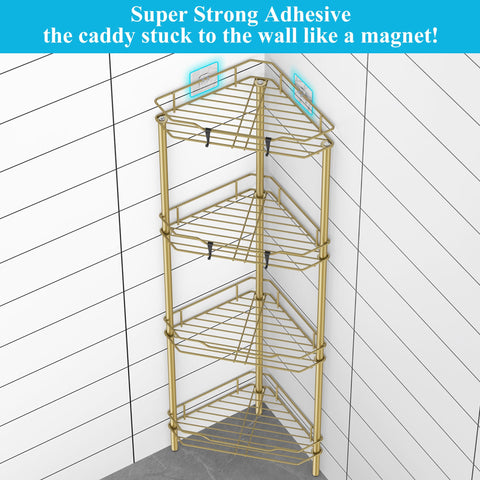 HuggieGems floor-standing bathroom shelves gold keeps bottles within easy reach.