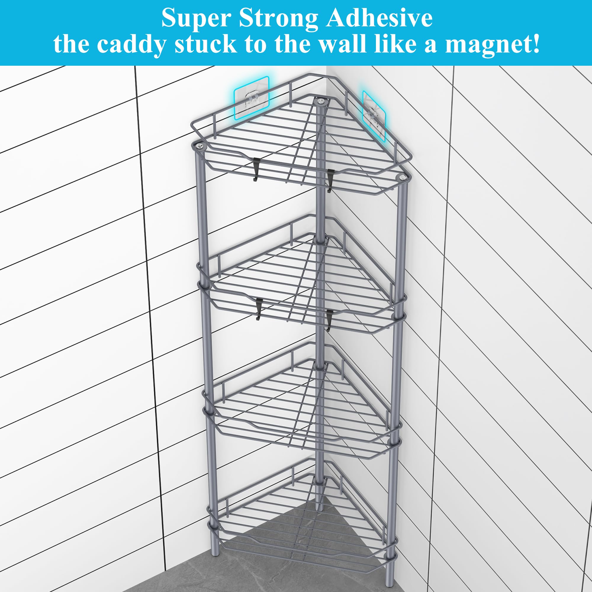 HuggieGems floor-standing bathroom shelf provides stable bottle storage