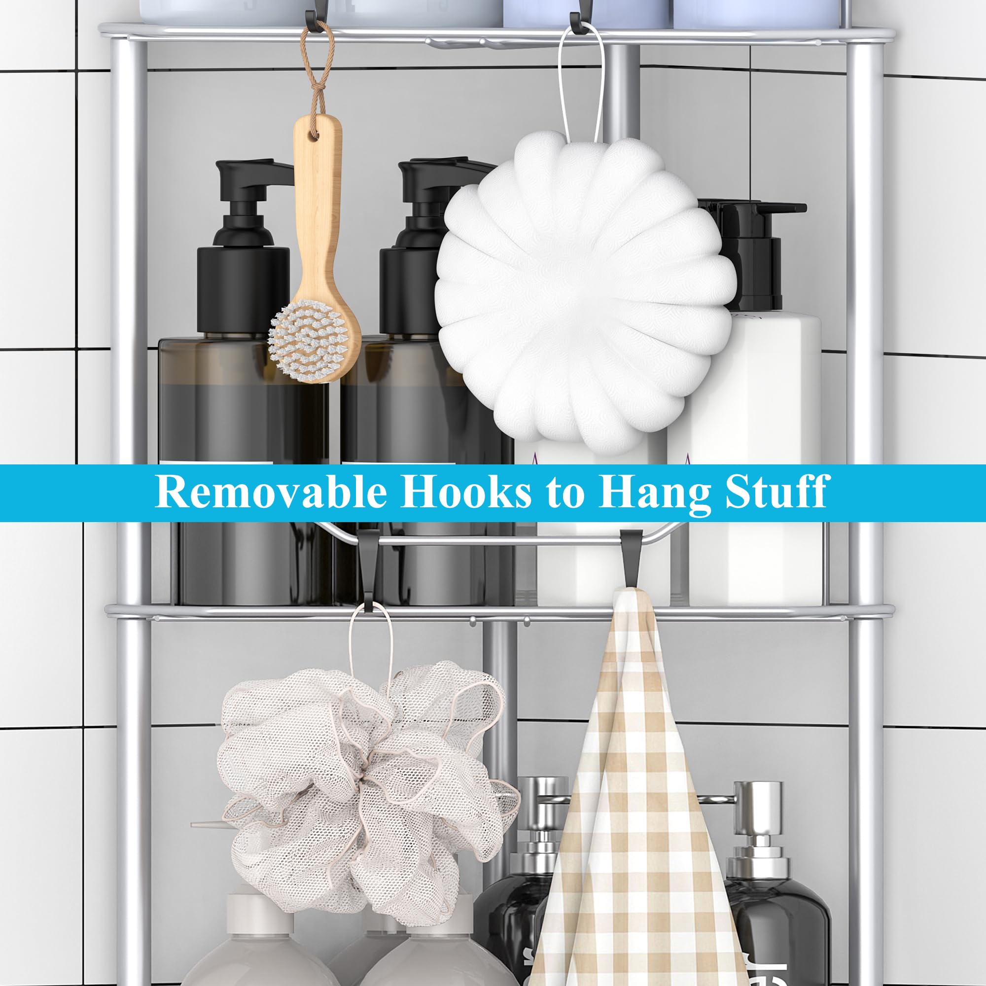 HuggieGems hooks hold shower essentials within easy reach.