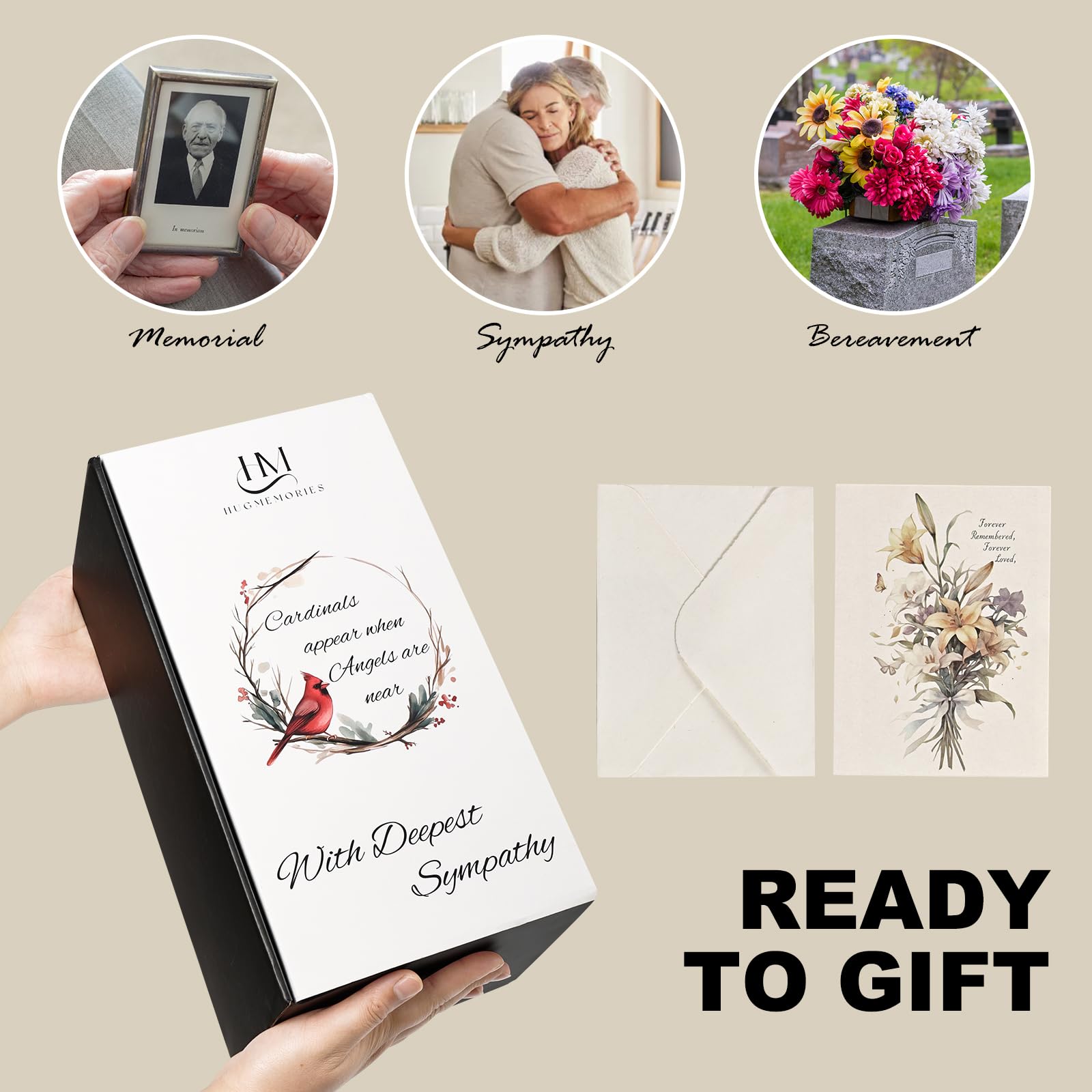 HugMemories memorial lantern gift box includes a sympathy card for personal messages.